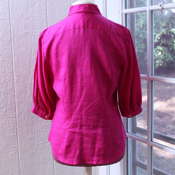 Lauren Ralph Lauren Fuchsia Color Button Up 3/4 Sleeve 100% Linen Blouse - Picture 5 of 7